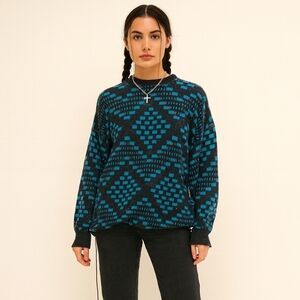 Vintage 80s / 90s Chauvin Teal Black Geometric Knit Sweater